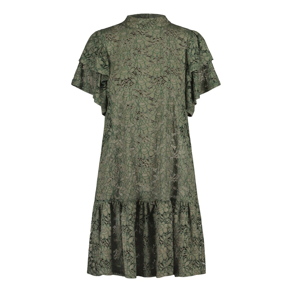 tuotekuva jossa naisten lyhyt vihreä pitsimekko frillahihoilla ja korkealla kauluksella, läpikuultava ilman aluspaitaa.