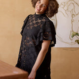 lähikuva mallista joka seisoo hieman vinottain kohti kameraa, yllään naisten lyhyt musta pitsimekko frillahihoilla ja korkealla kauluksella, läpikuultava ilman aluspaitaa.