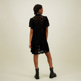 kuva mallista takaa päin jolla yllään naisten lyhyt musta pitsimekko frillahihoilla ja korkealla kauluksella, läpikuultava ilman aluspaitaa.