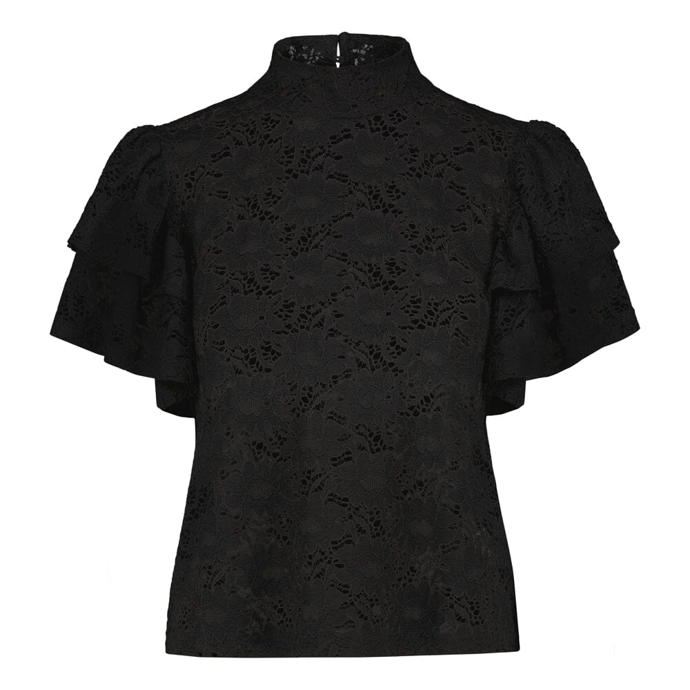 tuotekuva jossa naisten musta läpikuultava pitsitoppi korkealla kauluksella ja lyhyillä kerrostetuilla frillahihoilla