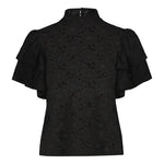 tuotekuva jossa naisten musta läpikuultava pitsitoppi korkealla kauluksella ja lyhyillä kerrostetuilla frillahihoilla