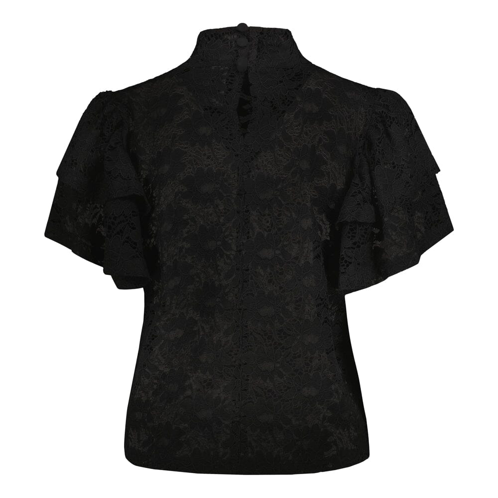 tuotekuva takaa jossa naisten musta läpikuultava pitsitoppi korkealla kauluksella ja lyhyillä kerrostetuilla frillahihoilla