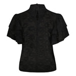 tuotekuva takaa jossa naisten musta läpikuultava pitsitoppi korkealla kauluksella ja lyhyillä kerrostetuilla frillahihoilla