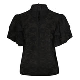 tuotekuva takaa jossa naisten musta läpikuultava pitsitoppi korkealla kauluksella ja lyhyillä kerrostetuilla frillahihoilla