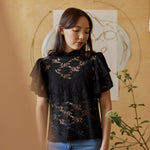 lähikuva mallista jolla yllään naisten musta läpikuultava pitsitoppi korkealla kauluksella ja lyhyillä kerrostetuilla frillahihoilla