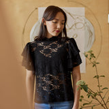 lähikuva mallista jolla yllään naisten musta läpikuultava pitsitoppi korkealla kauluksella ja lyhyillä kerrostetuilla frillahihoilla