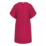 tuotekuva takaa naisten lyhyt jacquard-mekko oranssilla pohjalla ja pinkillä kuosilla, lyhyillä puhvihihoilla.