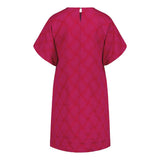 tuotekuva takaa naisten lyhyt jacquard-mekko oranssilla pohjalla ja pinkillä kuosilla, lyhyillä puhvihihoilla.