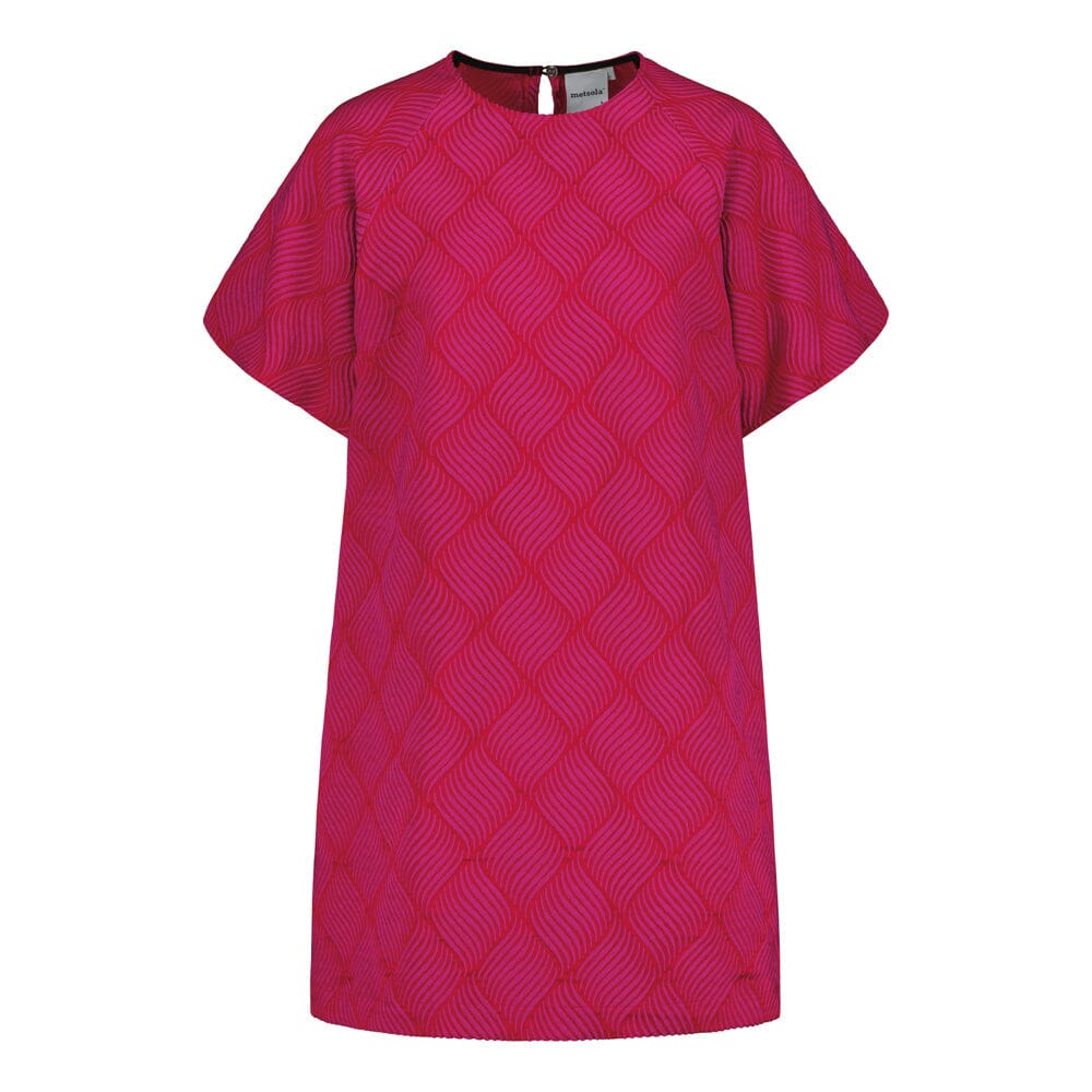 tuotekuva naisten lyhyt jacquard-mekko oranssilla pohjalla ja pinkillä kuosilla, lyhyillä puhvihihoilla.