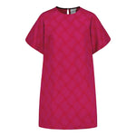 tuotekuva naisten lyhyt jacquard-mekko oranssilla pohjalla ja pinkillä kuosilla, lyhyillä puhvihihoilla.