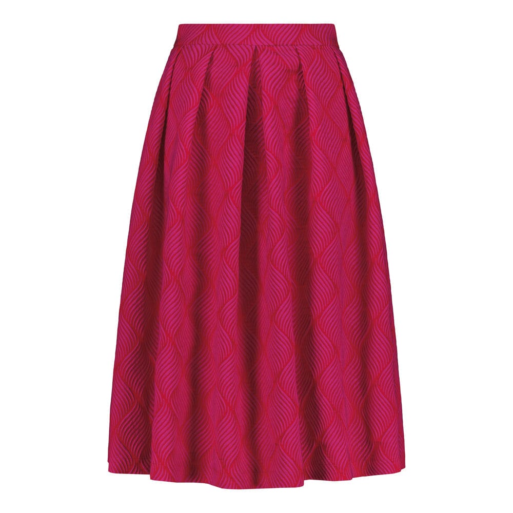 tuotekuva naisten midimittainen pinkki-oranssi jacquard-hame vyötärön laskoksilla ja vetoketjukiinnityksellä.