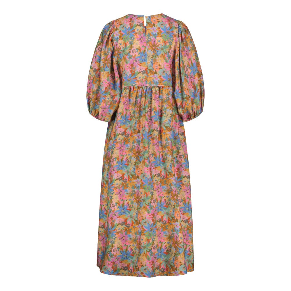 Tuotekuva takaa päin naisten midimittainen mekko puolipitkillä puhvihihoilla ja sivutaskuilla.