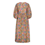 Tuotekuva takaa päin naisten midimittainen mekko puolipitkillä puhvihihoilla ja sivutaskuilla.