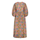 Tuotekuva takaa päin naisten midimittainen mekko puolipitkillä puhvihihoilla ja sivutaskuilla.