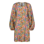 Tuotekuva naisten tunikamallinen viskoosimekko Cynthia De Vitin kuosilla, pitkät puhvihihat ja sivutaskut