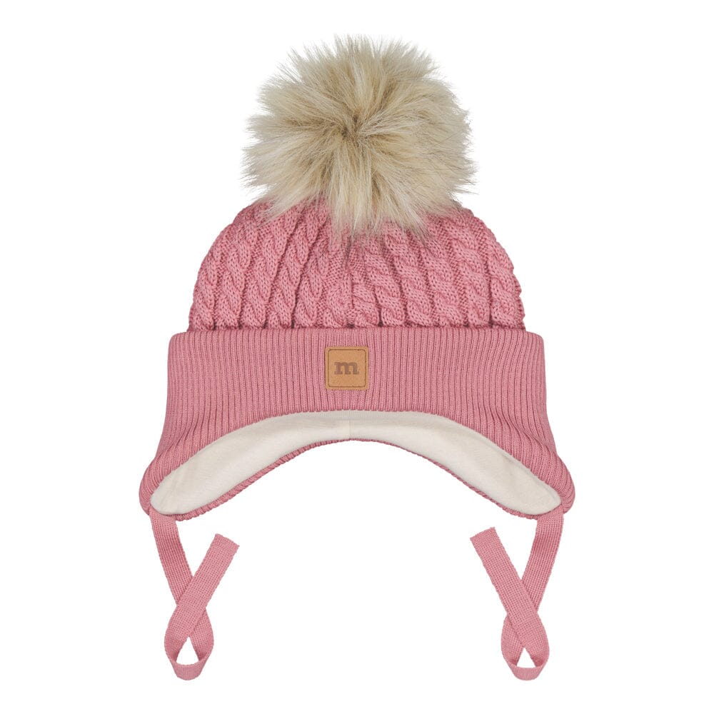 Merino Fur Pom Cable Baby Beanie | Rosy Pipo Happy Hearts