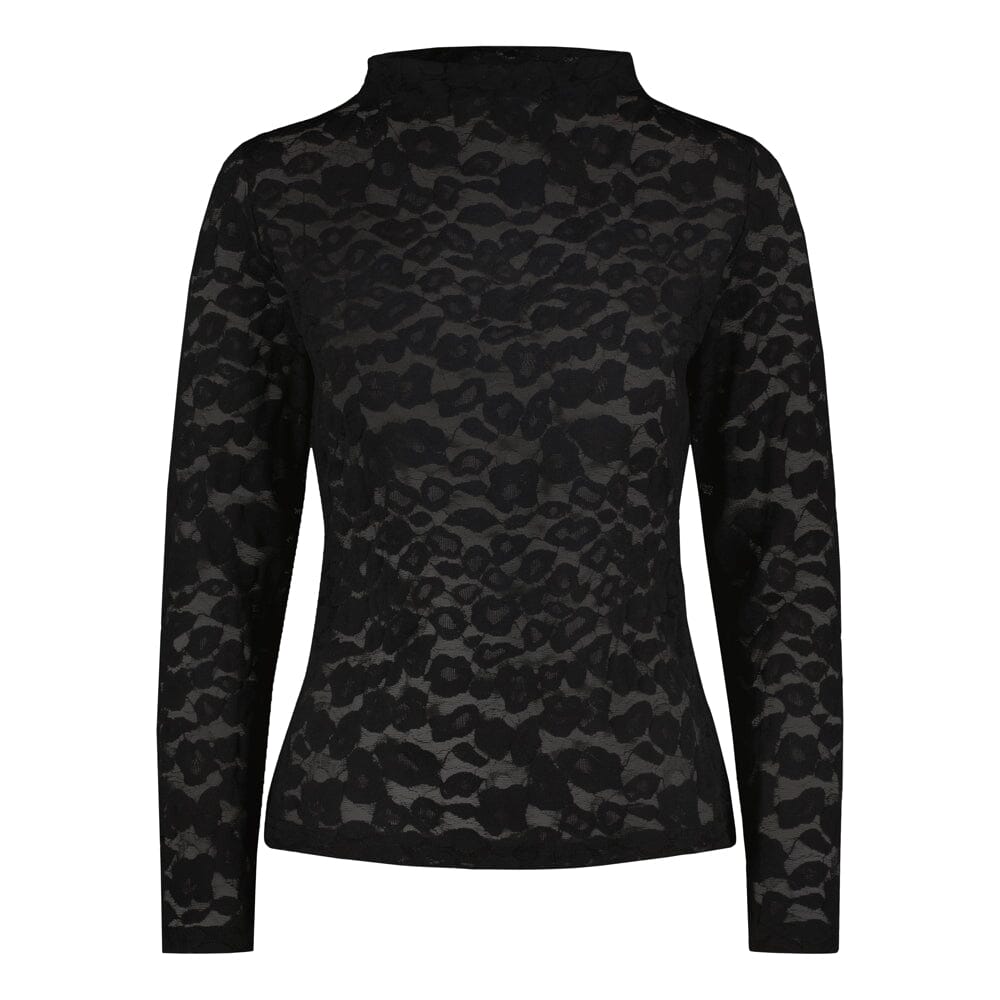 tuotekuva naisten musta pitsipaita korkealla kauluksella ja pitkillä hihoilla.