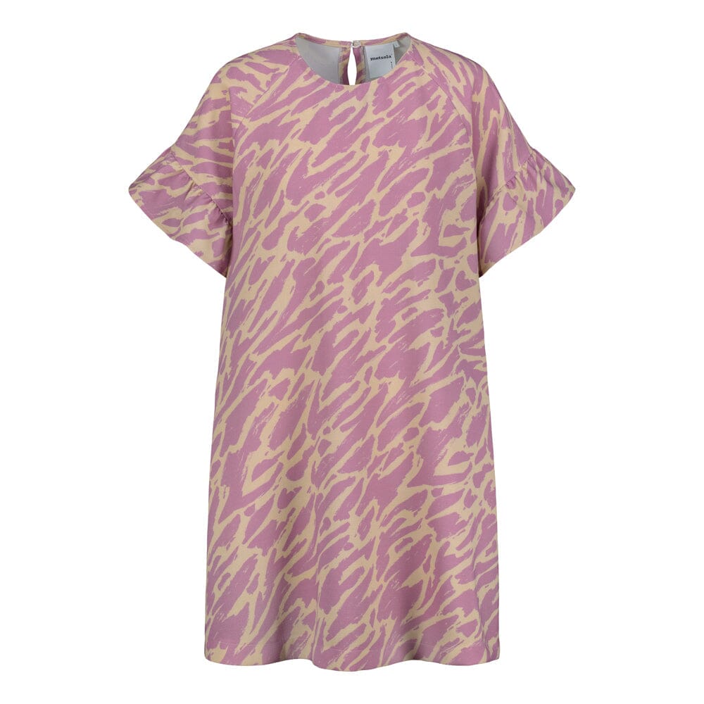 Lähikuva tuotteesta naisten lyhyt suoralinjainen purple-sävyinen mekko kierrätyspolyesterista, frillahihoilla ja sivutaskuilla.