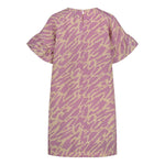 Tuote takaa päin naisten lyhyt suoralinjainen purple-sävyinen mekko kierrätyspolyesterista, frillahihoilla ja sivutaskuilla.