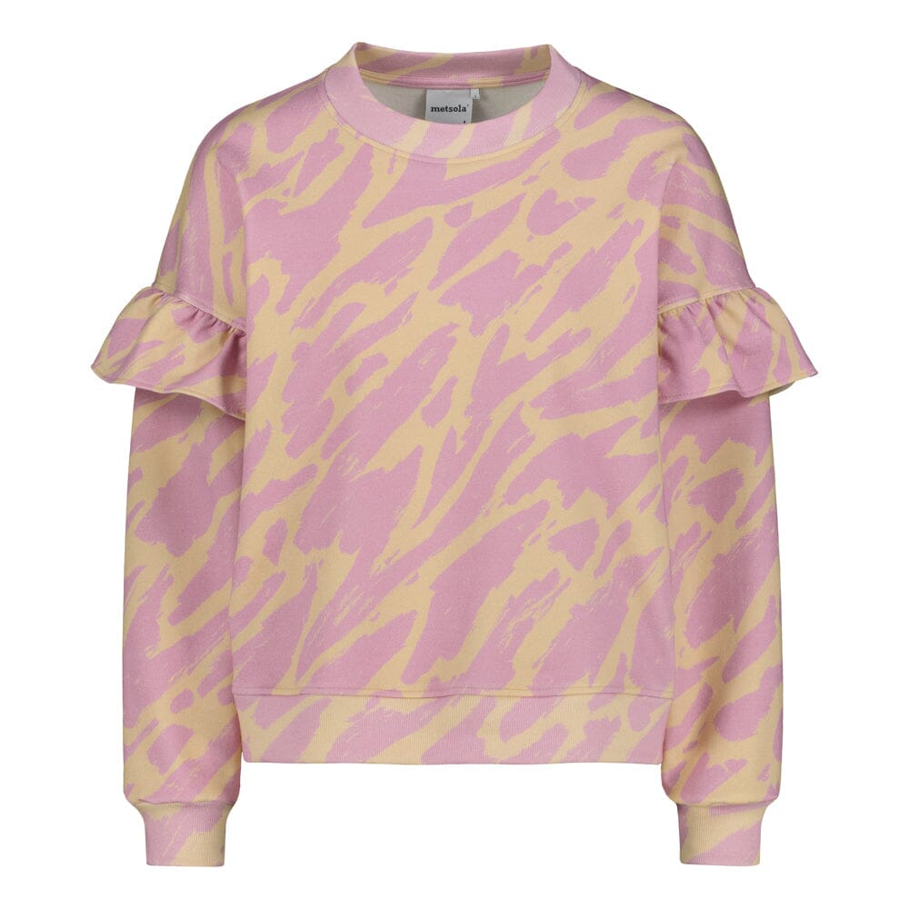 Tuotekuva naisten oversize-mallinen purple-sävyinen collegepaita frillahihoilla ja graafisella kuosilla.