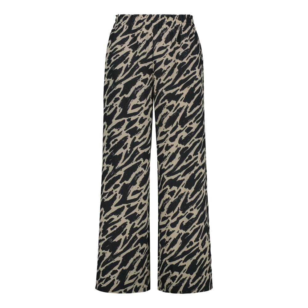 Tuotekuva naisten mustat suoralinjaiset housut kierrätyspolyesterista, reilunmittaisilla lahkeilla ja sivutaskuilla