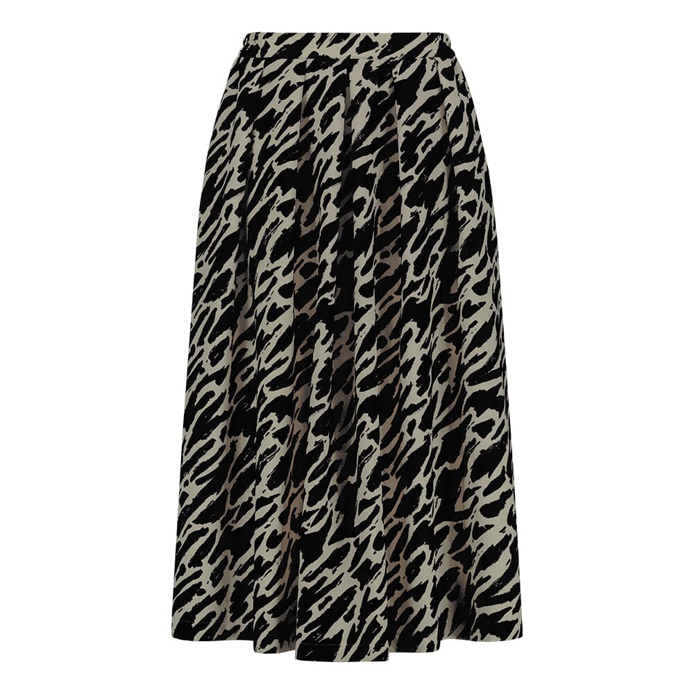 tuotekuva jossa naisten midimittainen musta laskostettu hame kierrätyspolyesterista, joustavalla vyötäröllä ja sivutaskuilla.