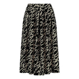 tuotekuva jossa naisten midimittainen musta laskostettu hame kierrätyspolyesterista, joustavalla vyötäröllä ja sivutaskuilla.